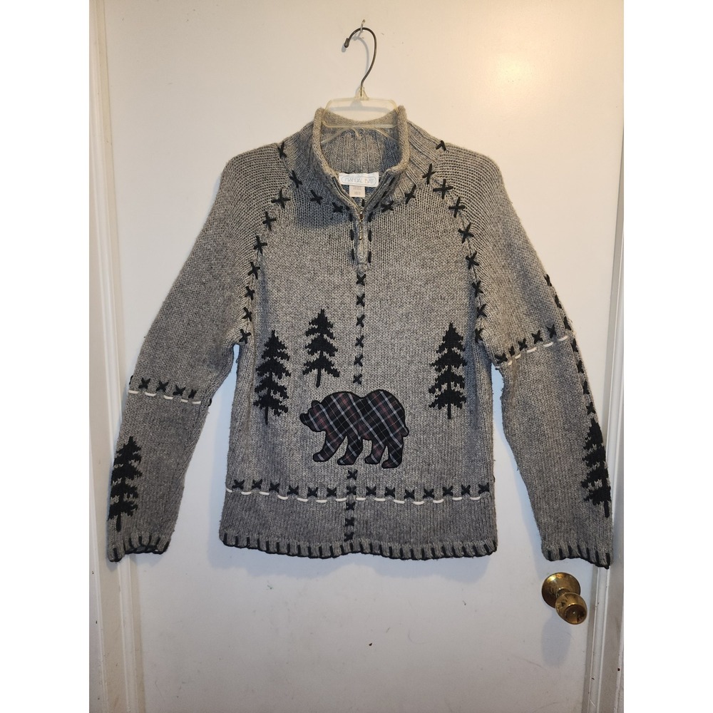 Mandal Bay Vintage Gray Plaid Bear Cabin Knit Sweater Wool Blend Quarter Zip Sm